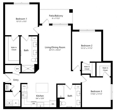 Floor plan for 3 beds, 2 baths, 1353 sqft